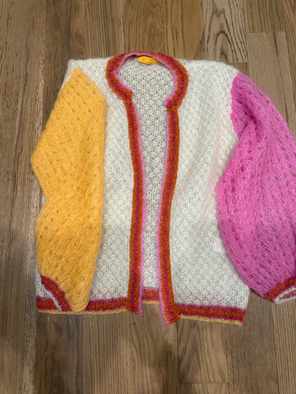 Rose Carmine Open-Knit Sweater with Pink and Yellow Accents